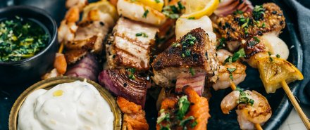 Seafood Skewers with Herbed Oil and Citrus Dipping Cream hero image