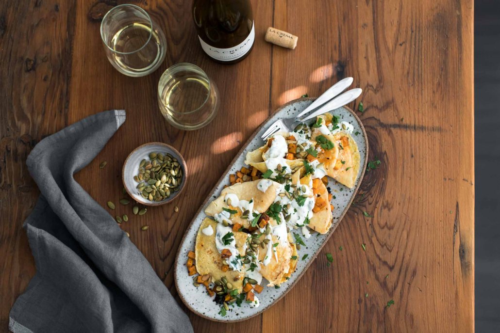 Chipotle Butternut Squash Crepes with Cilantro Crema and Pepitas