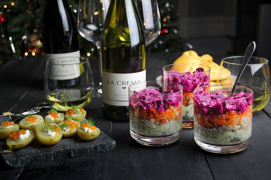 Russian New Year's Menu: Potato Bites with Caviar, "Herring Under a Fur Coat" Salad and Mushroom Pirozhki