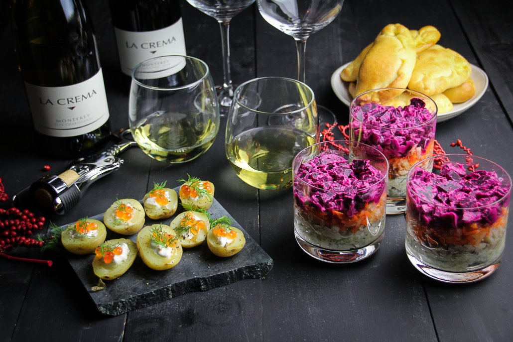 Russian New Year's Menu: Potato Bites with Caviar, "Herring Under a Fur Coat" Salad and Mushroom Pirozkhi 