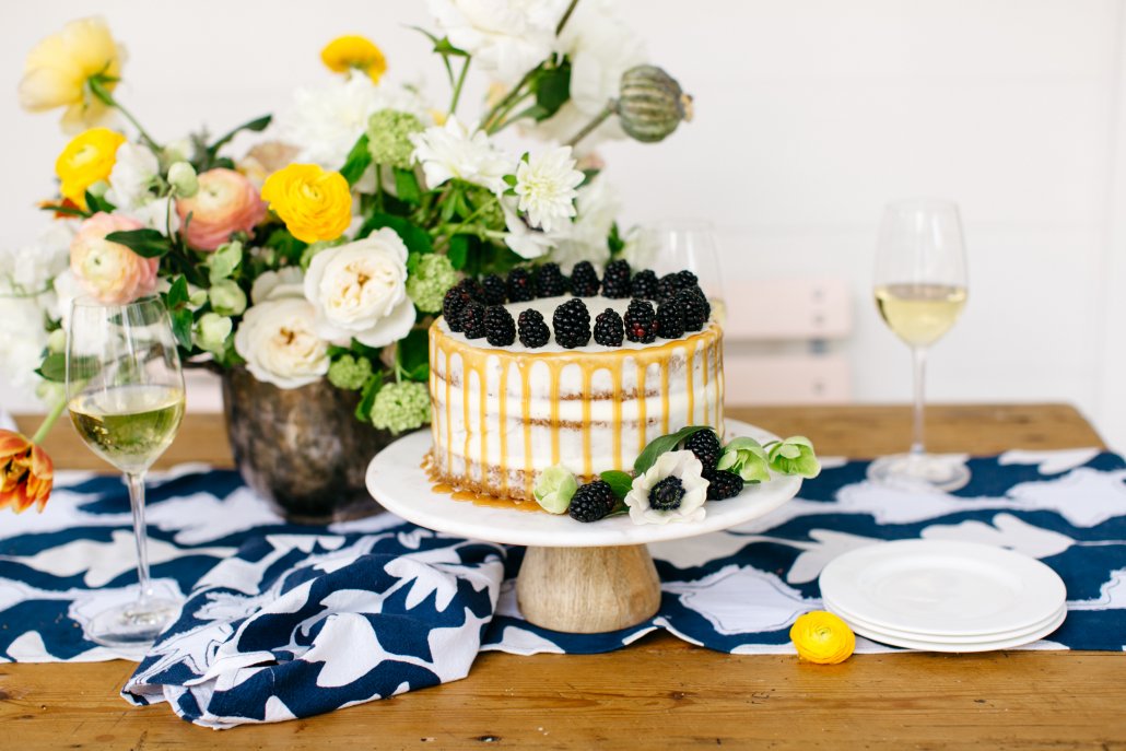 Spring Entertaining - Brown Butter Pecan Cake with Blackberries, Caramel & Cream