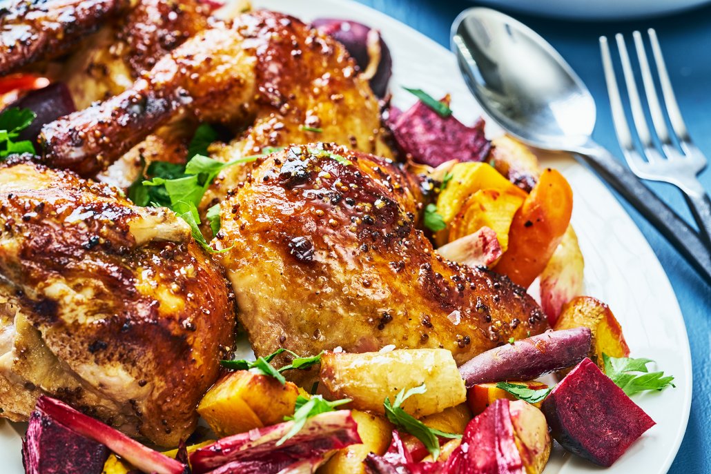 Hot Mustard Glazed Chicken with Roasted Citrus Veggies