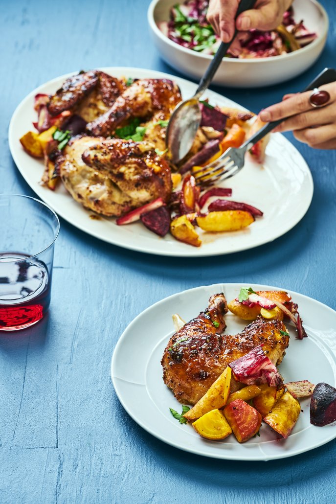 Hot Mustard Glazed Chicken with Roasted Citrus Veggies