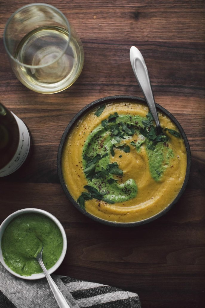 Sumac Acorn Squash Soup with Parsley-Tahini Sauce