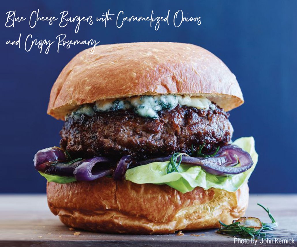 Gourmet Burgers for Summer: Blue Cheese Burgers with Caramelized Onions and Crispy Rosemary