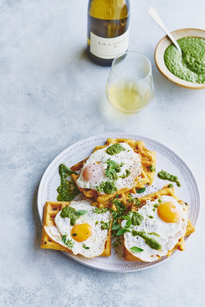 Green Huevos Rancheros and Cornmeal Waffles (Dairy-Free)