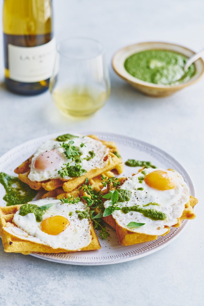 Green Huevos Rancheros and Cornmeal Waffles (Dairy-Free)