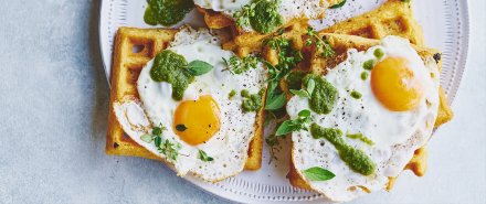 Green Huevos Rancheros and Cornmeal Waffles