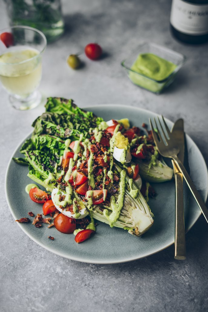 Grilled Romaine Salad with Avocado Dill Dressing