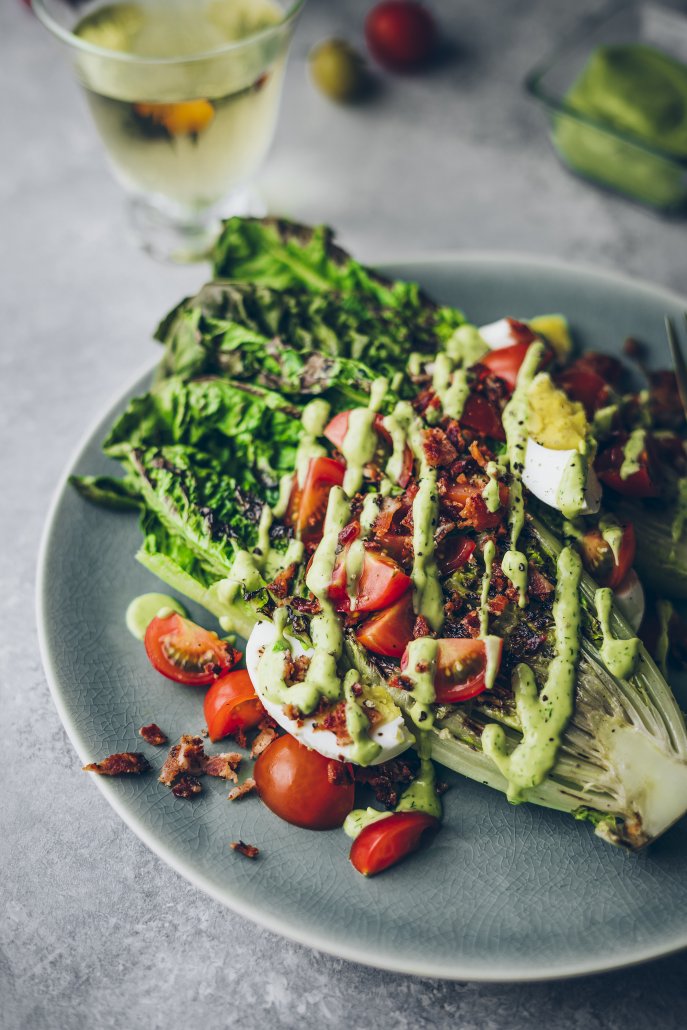 Grilled Romaine Salad with Avocado Dill Dressing