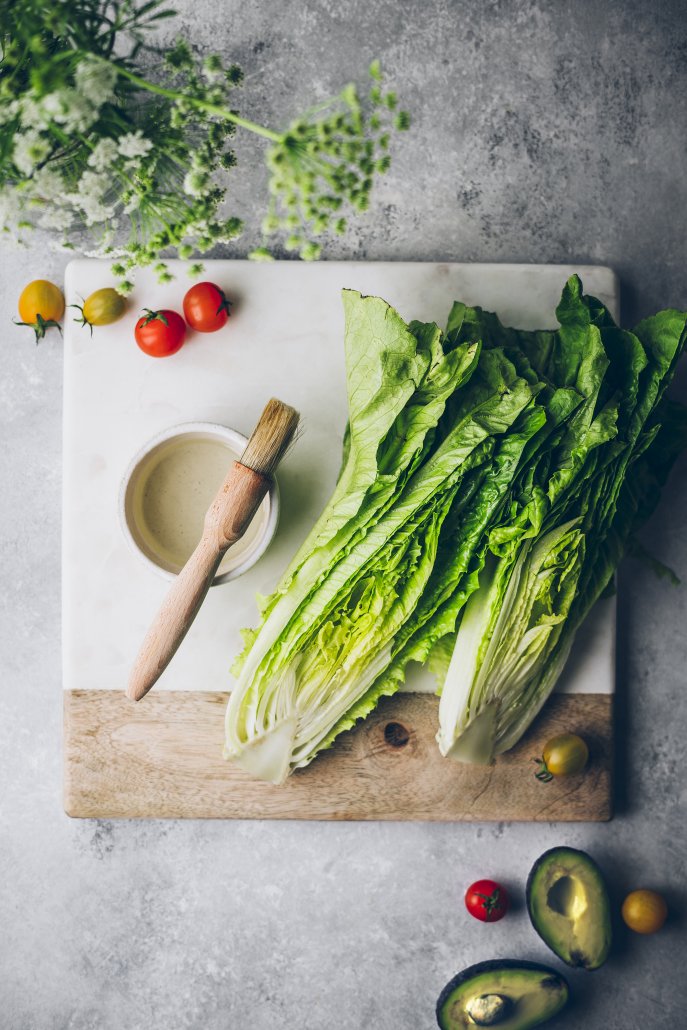 Grilled Romaine Salad with Avocado Dill Dressing