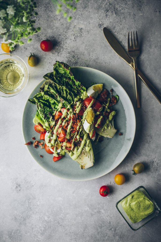 Grilled Romaine Salad with Avocado Dill Dressing