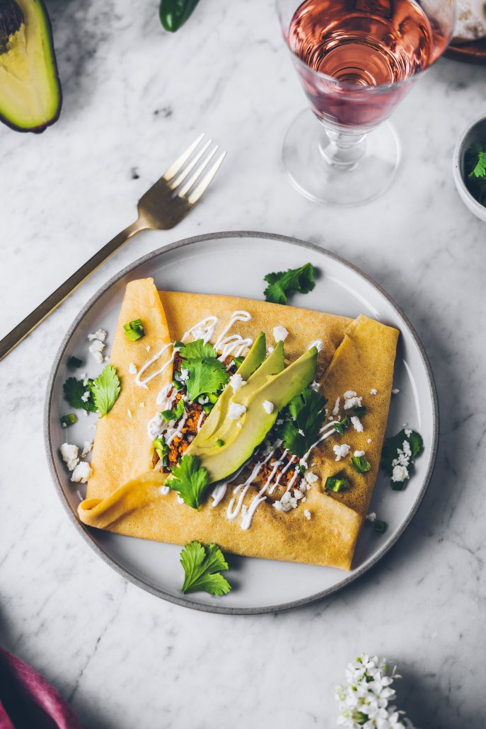 rose paired with latin inspired crepe with avocado and sour cream
