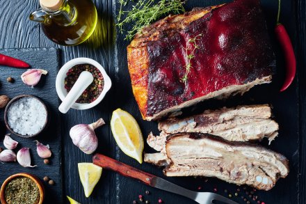 Sorghum Glazed Pork Belly with Beets, Carrots & Pecan-Pomegranate Sauce